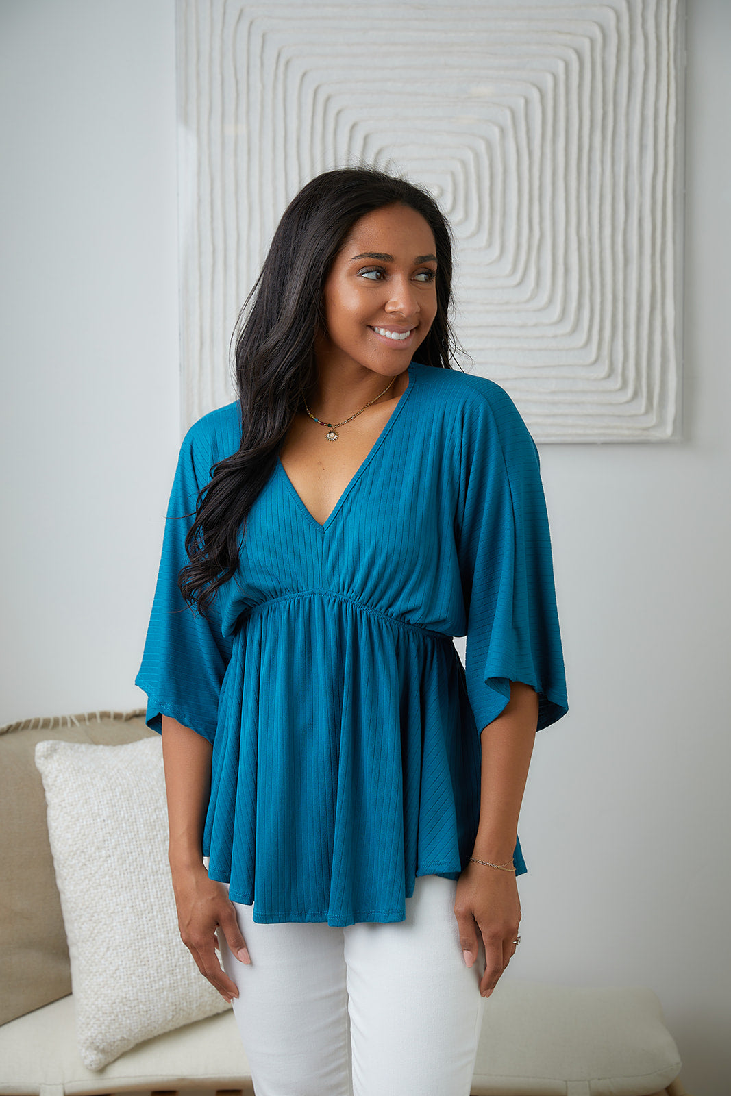 Storied Moments Draped Peplum Top in Teal