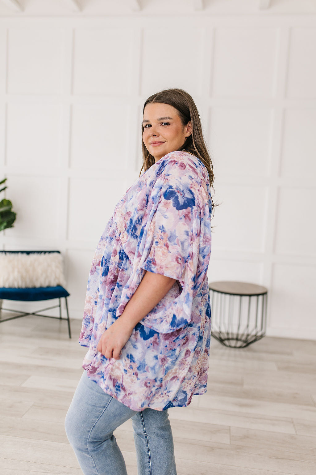 Fabled in Floral Draped Peplum Top in Blue